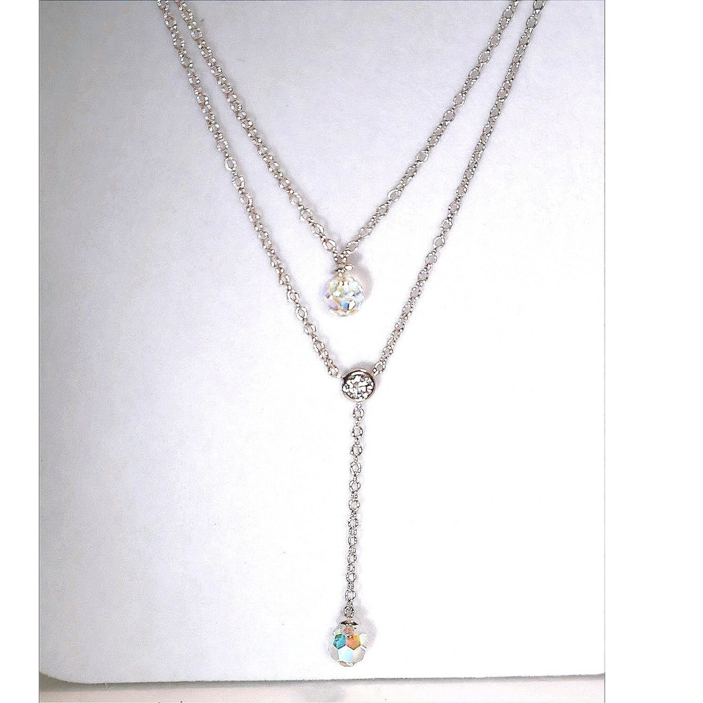 Swarovski Crystal AB Stone Silver Plated Layered Lariat Necklace Adjustable New